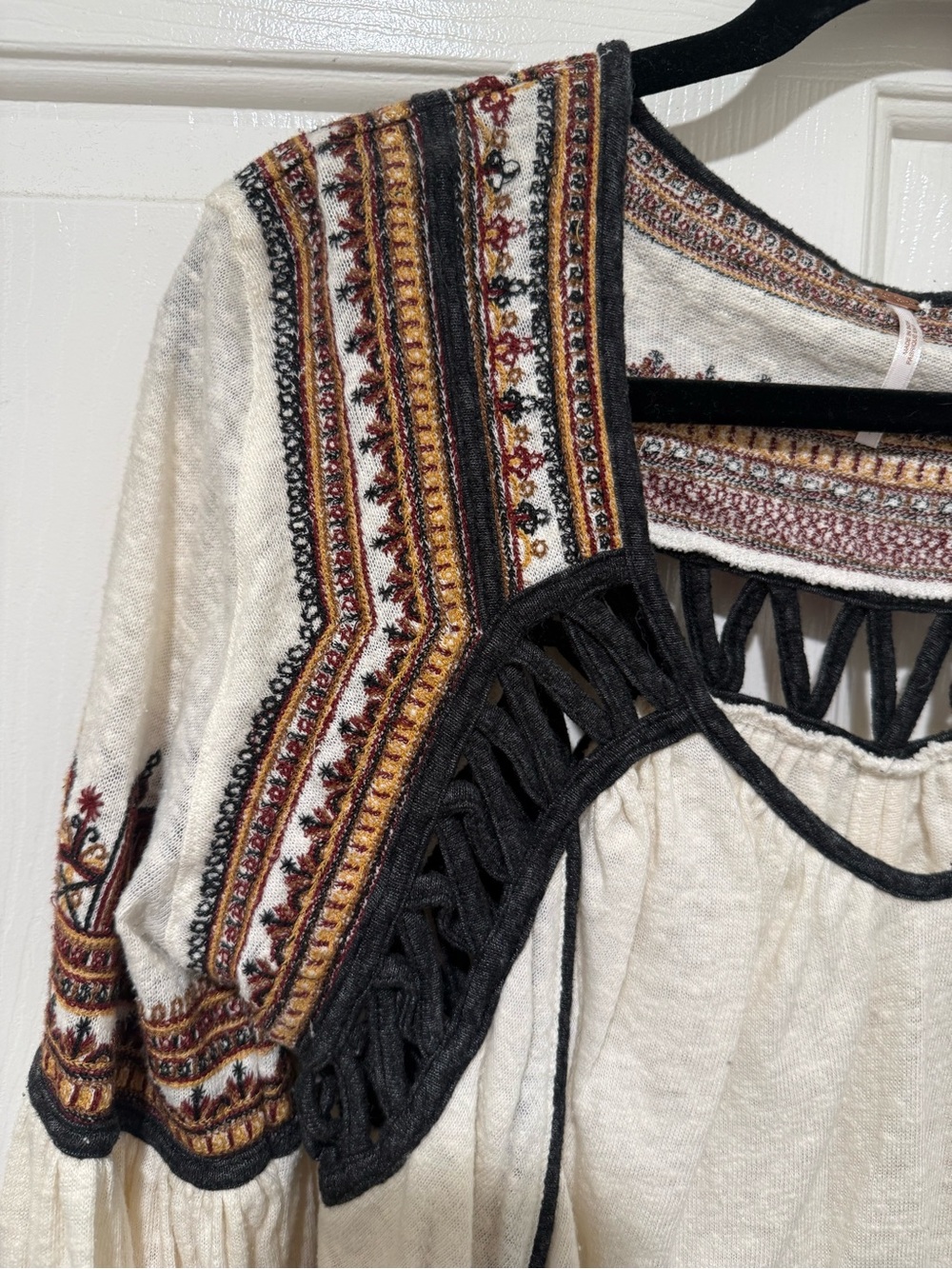 Free People Cream Snow Kisses - Boho Embroidered Tunic with Black Trim - Picture 5 of 14